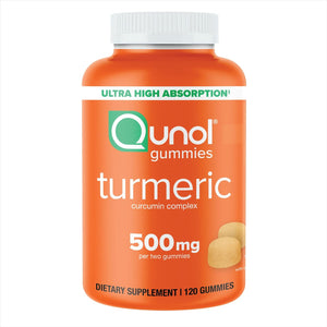 Front image: Qunol Turmeric Curcumin gummies tangerine flavour supplement bottle 500mg 120 count