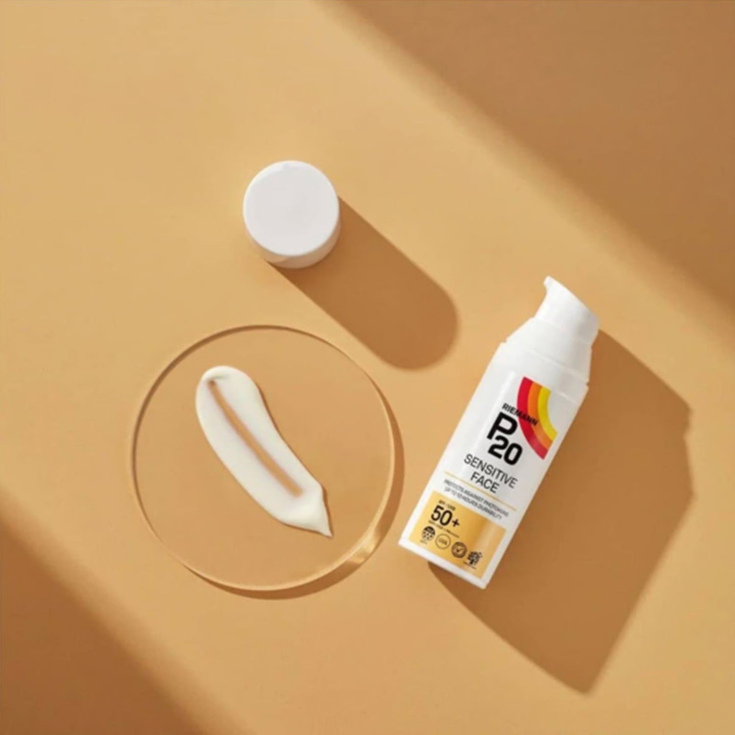 Riemann P20 Sensitive Face SPF50+ Sun Protection Cream tube & box, 50g, on white background.