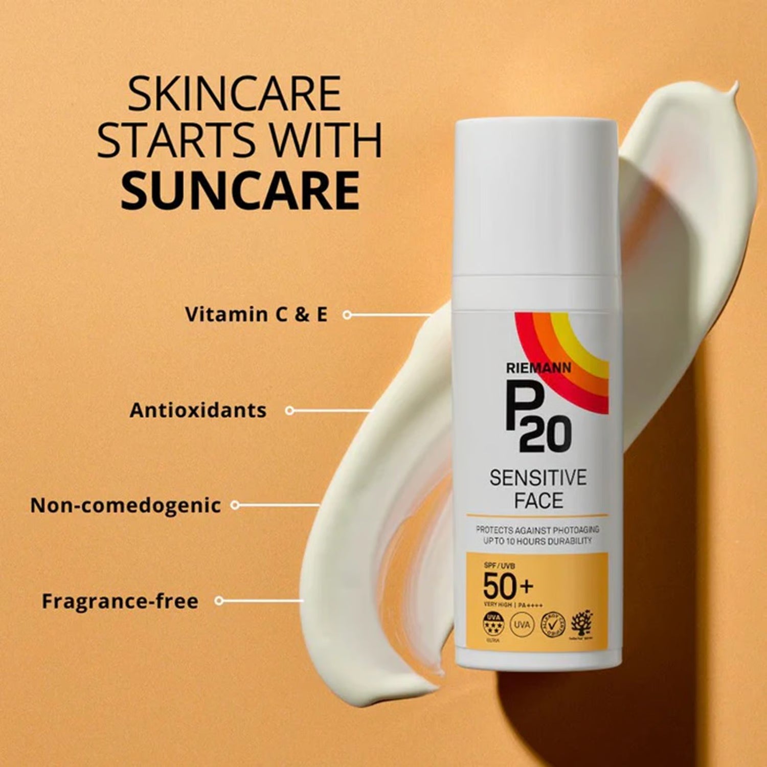 Riemann P20 Sensitive Face SPF50+ Sun Protection Cream tube, 50g, on white background.