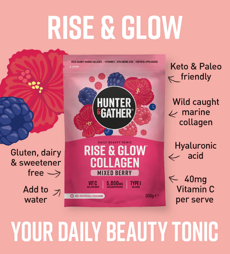 Hunter & Gather Rise & Glow collagen package on a pink background with text highlighting features.