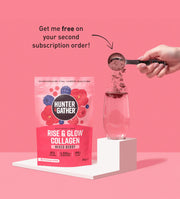 Hunter and Gather Rise & Glow Collagen packaging with a hand pouring powder into a glass on a pink background.