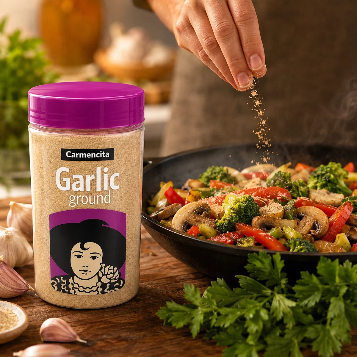 Carmencita Ground Garlic Powder 625g sprinkled into a savoury cooking recipe