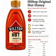Hilltop Original Hot Honey with Chilli Extract 1.36kg bottle showing ingredients and product information