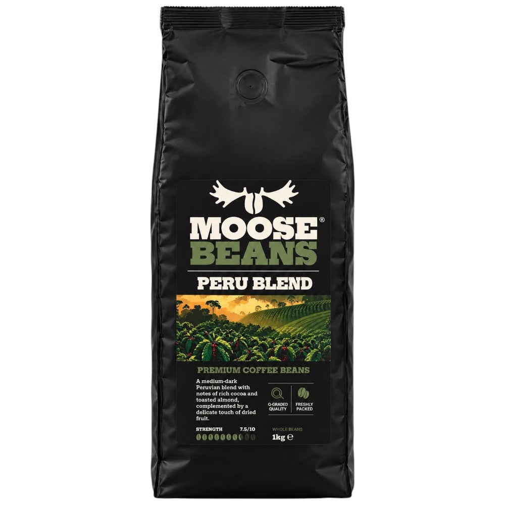 Moose Beans Peru Blend Whole Coffee Beans 1kg bag front packaging