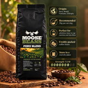 Moose Beans Peru Blend Whole Coffee Beans 1kg packaging showing coffee origin and product information