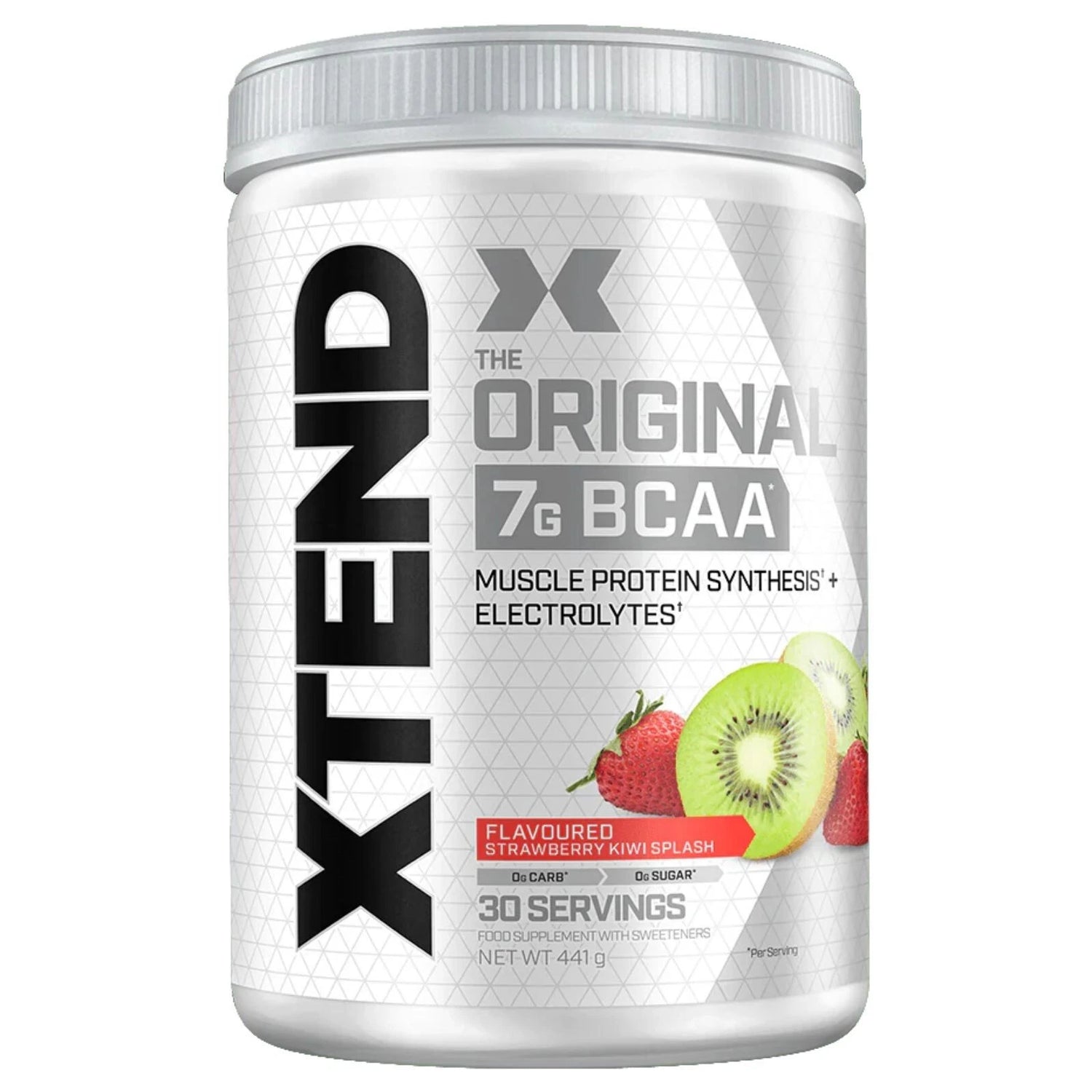 Front image: XTEND Original BCAA Powder Strawberry Kiwi tub powder 441g 30 servings