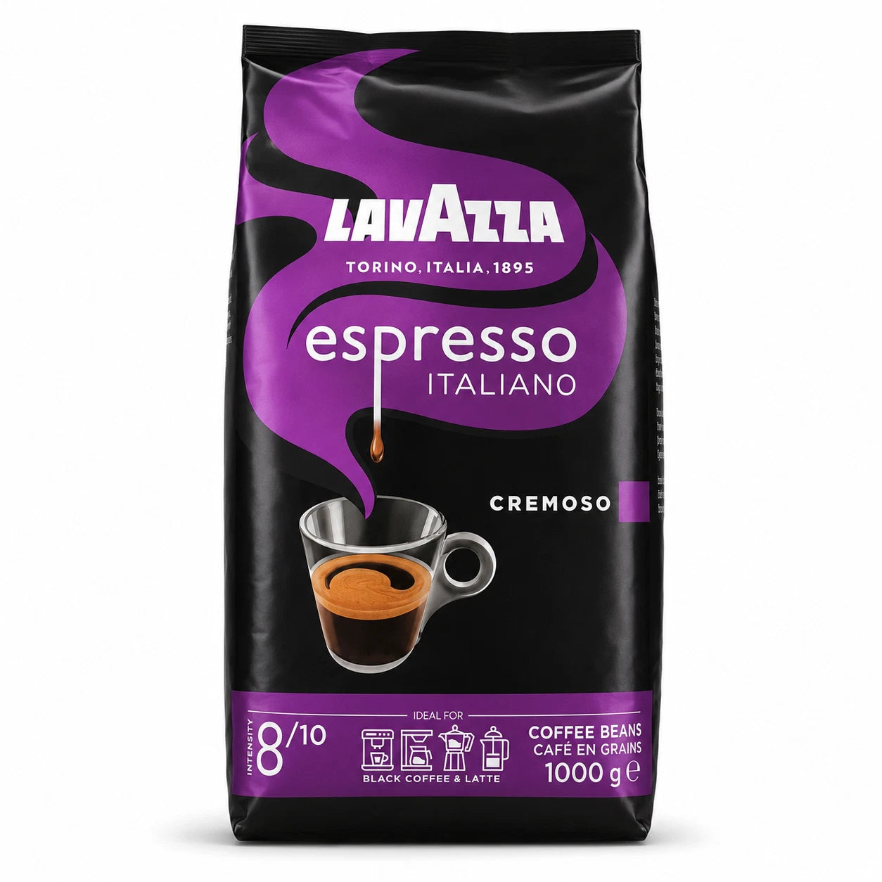 Lavazza Espresso Italiano Cremoso Coffee Beans, resealable coffee bag packaging, chocolaty flavour notes, 1kg