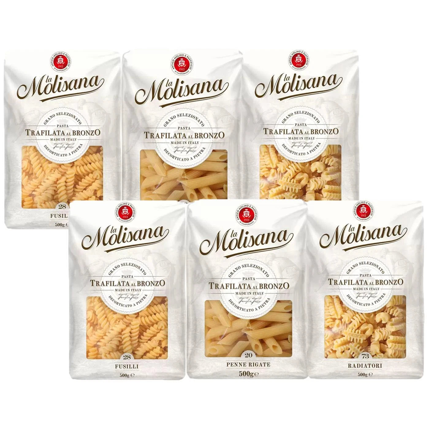 Front image: La Molisana pasta variety pack fusilli penne radiatori 6 x 500g