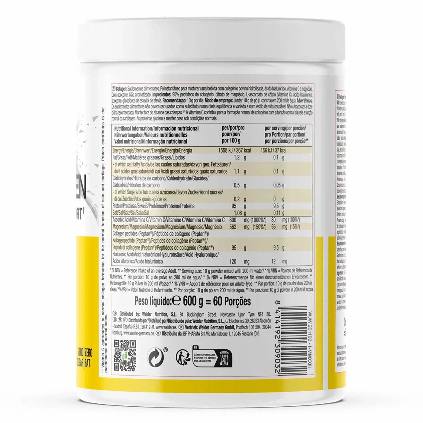 Nutritional label on a supplement container with white and yellow design.