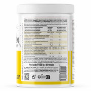 Nutritional label on a supplement container with white and yellow design.