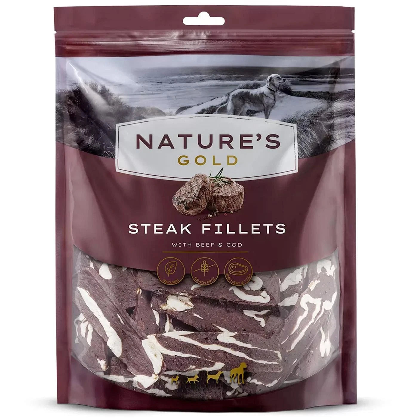 Front image: Nature's Gold Beef & Cod Steak Fillets dog treats resealable bag 1.2kg