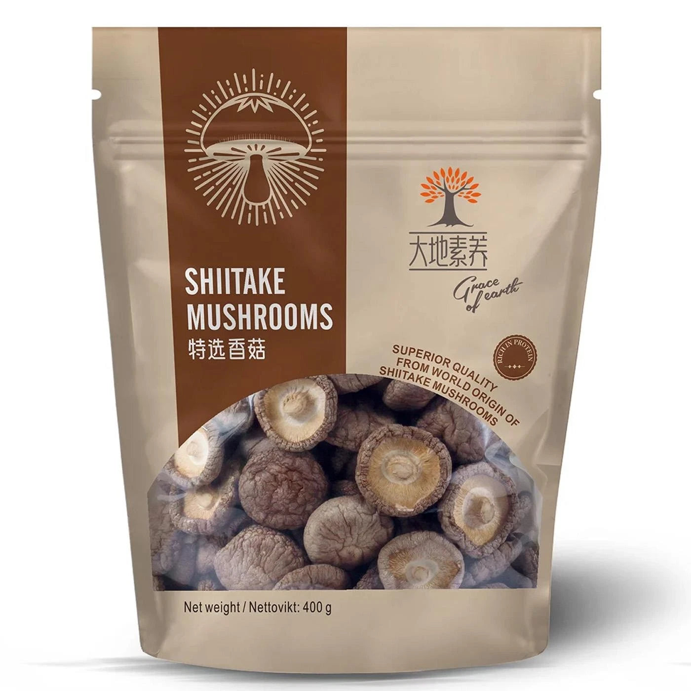 Front image: Grace of Earth dried shiitake mushrooms resealable pack 400g whole mushrooms