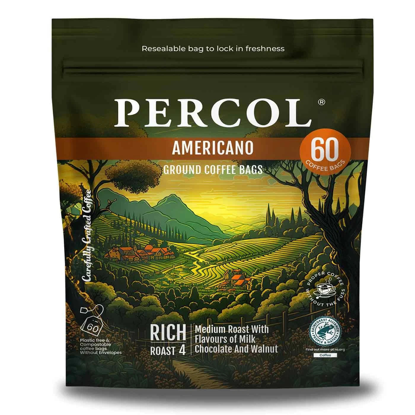 Percol Americano medium roast coffee bags pack 60 x 8g