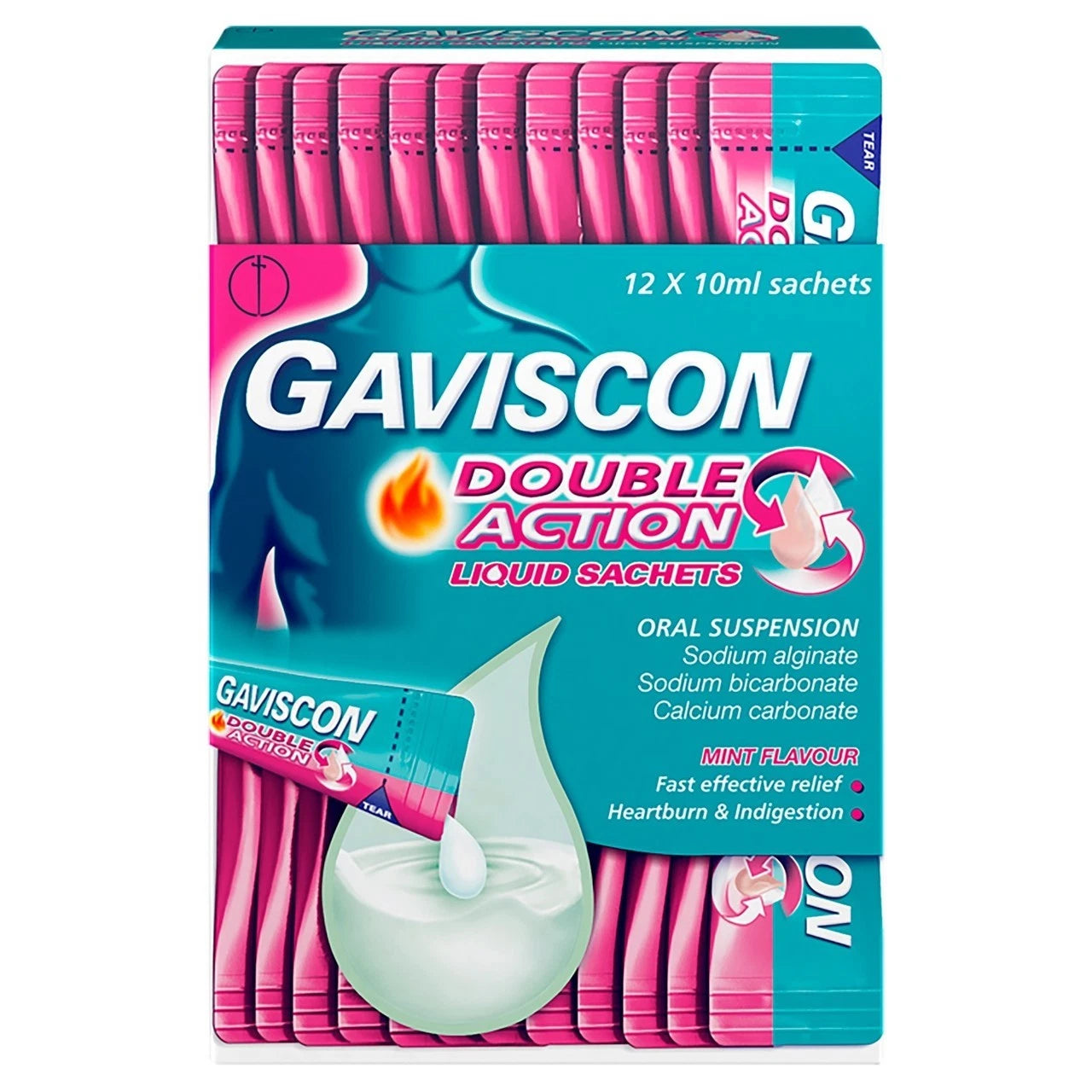Gaviscon Double Action Mint Liquid Sachets box packaging mint flavour oral suspension 12 x 10ml front product image