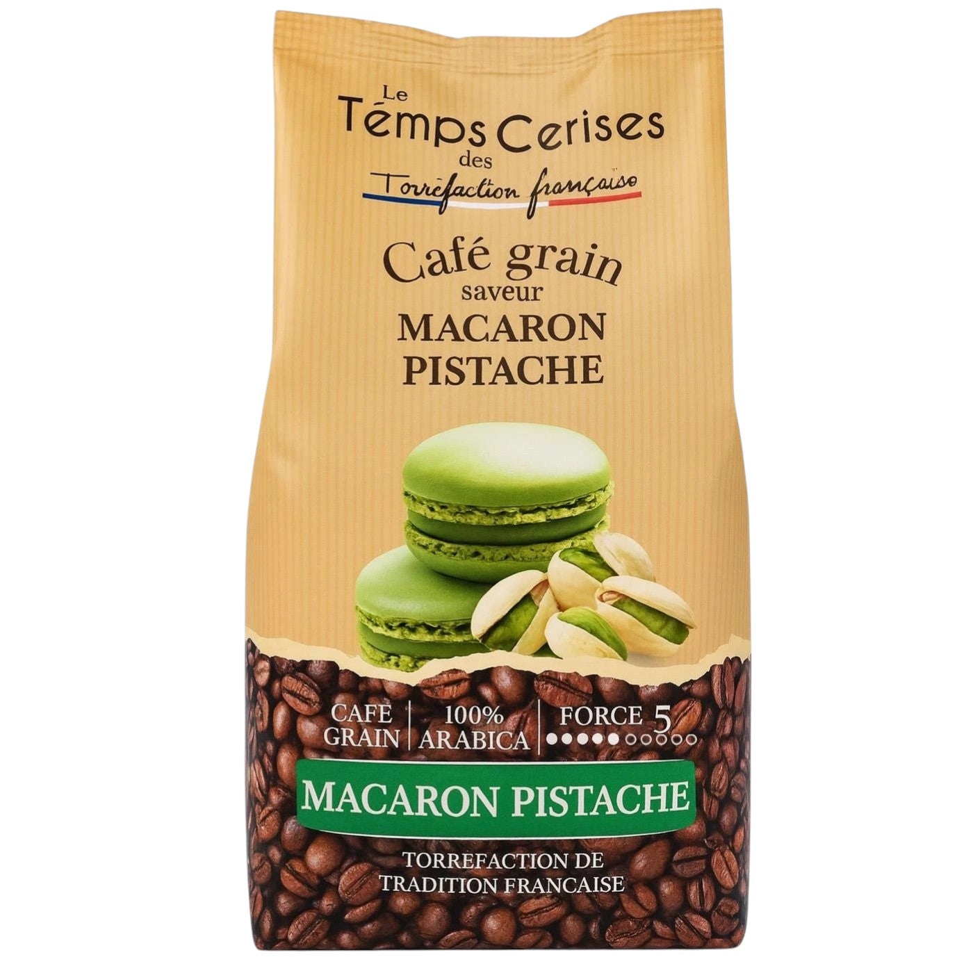 Le Temps Des Cerises Pistachio Macaron flavoured Arabica coffee beans 900g whole bean bag front