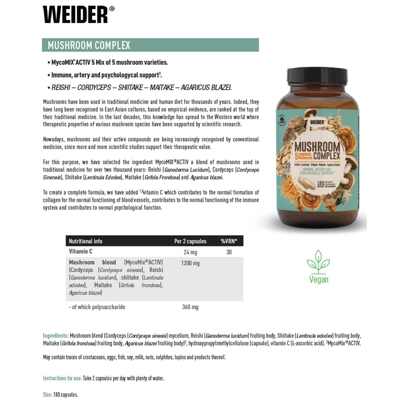 Weider Mushroom Complex – 180 Vegan Capsules ingredients
