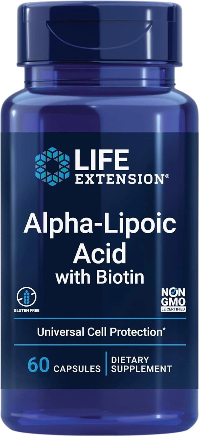 Life Extension Alpha-Lipoic Acid with Biotin supplement bottle, 60 capsules.

