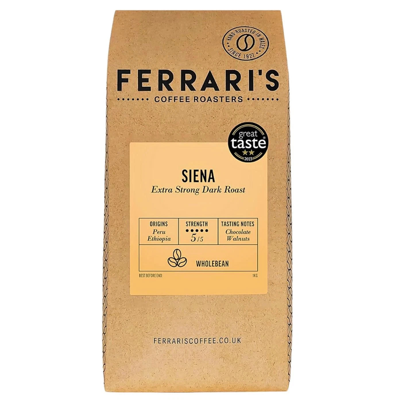 Ferrari's Coffee Roasters Siena dark roast whole coffee beans 1kg bag packaging front