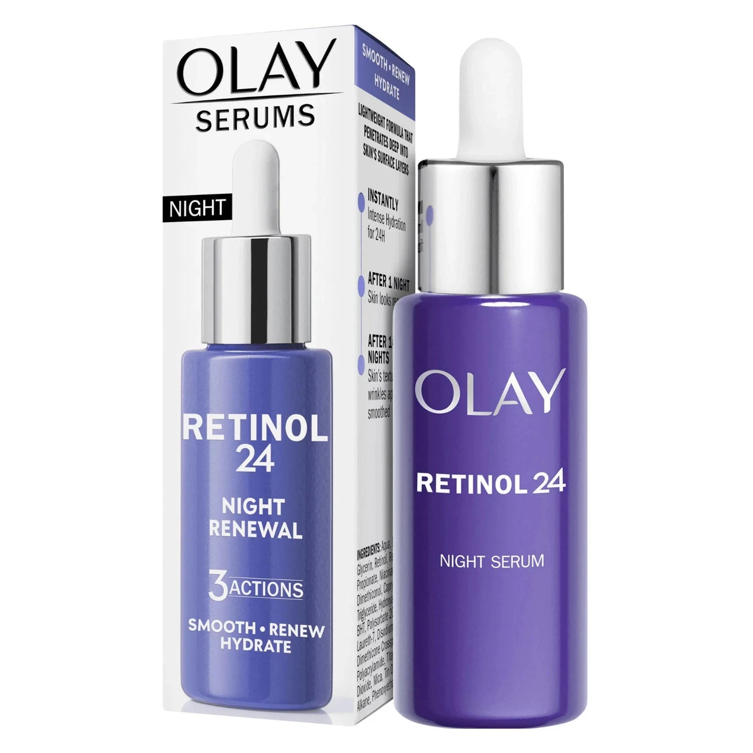 Olay Retinol24 Night Renewal Serum box & bottle, 40ml, on white background.