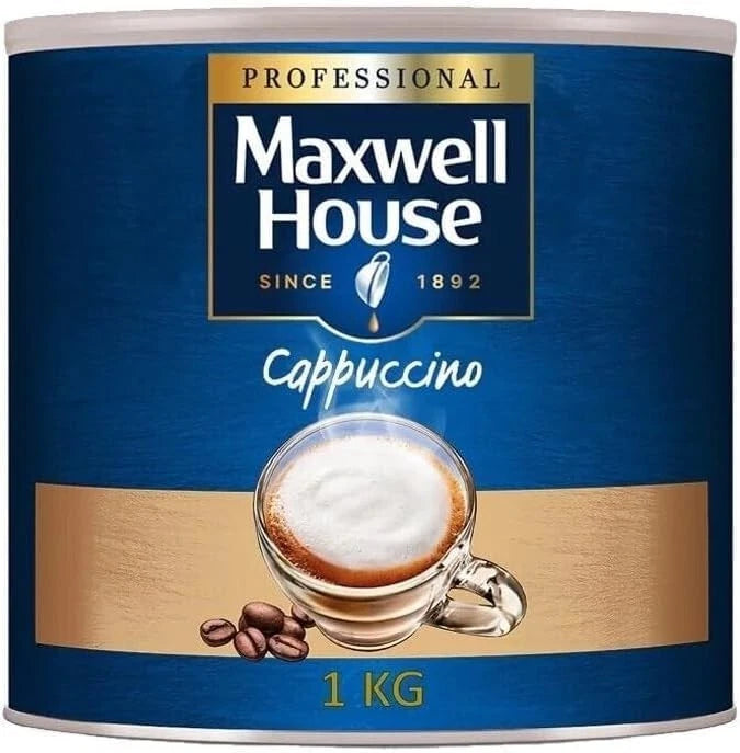 Maxwell House Cappuccino instant coffee powder tin 1kg cappuccino drink mix packaging front