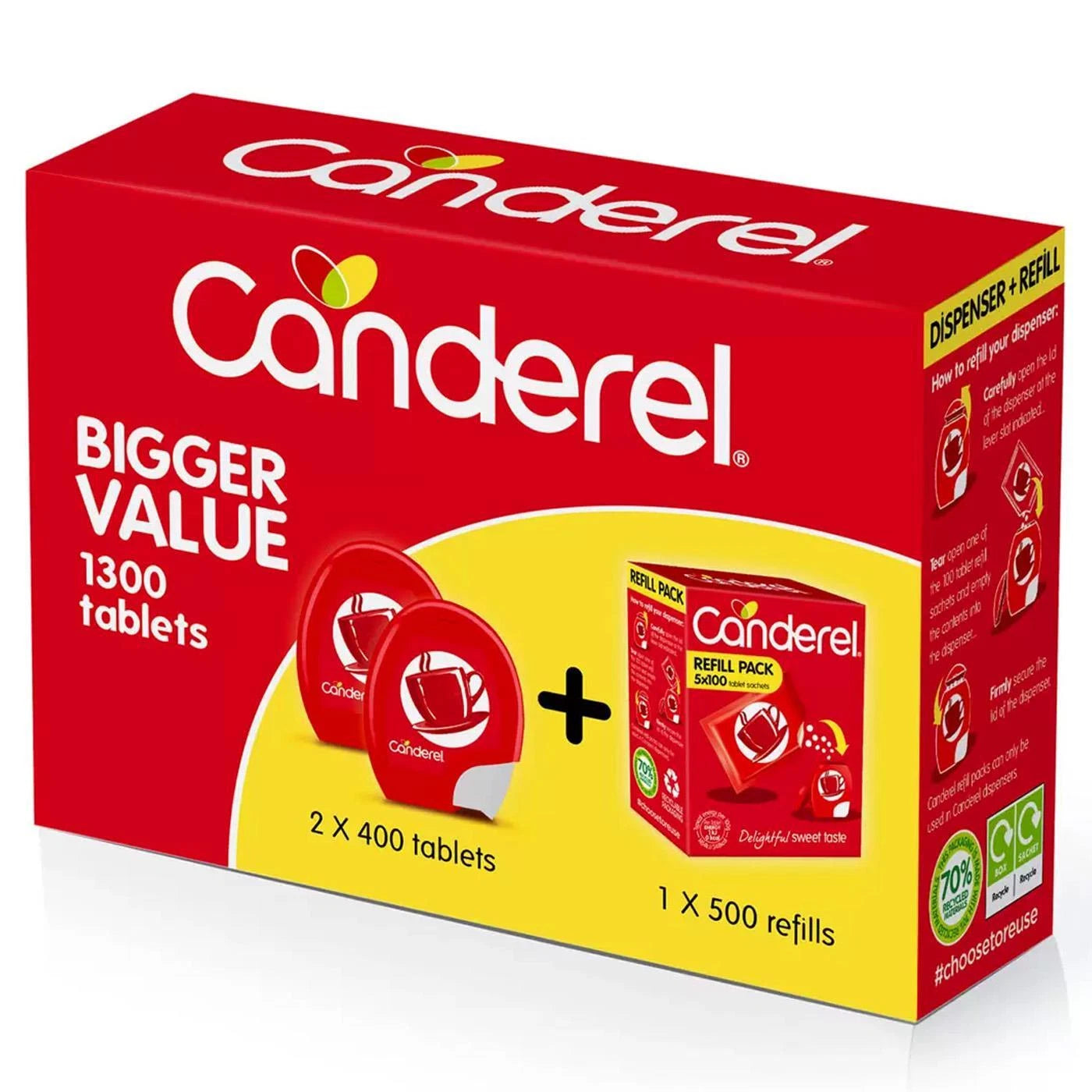 Canderel sucralose sweetener tablets dispensers and refill pack 1300 tablets packaging front