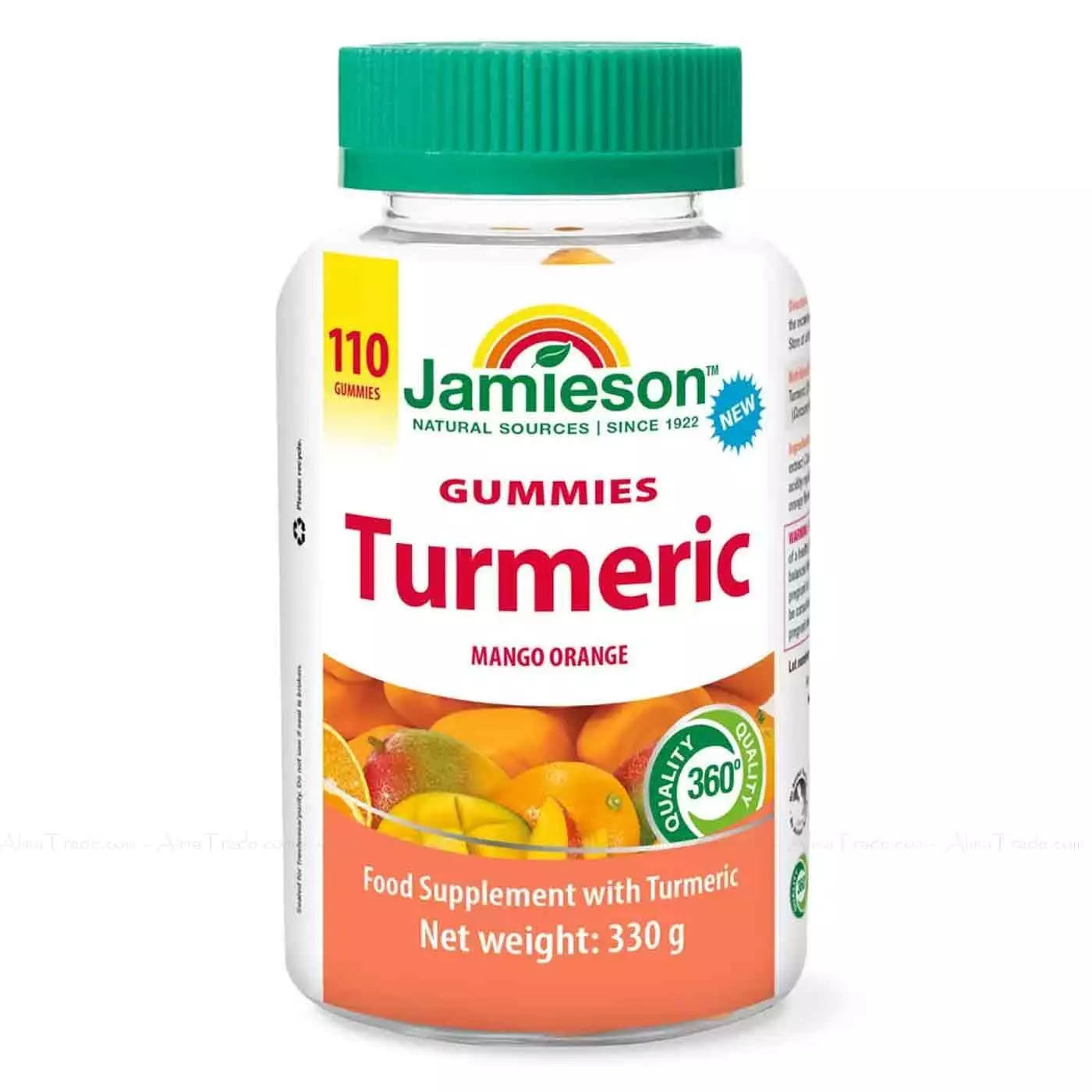 Jar of Jamieson Turmeric Mango Orange Gummies, 110 count, on white background.