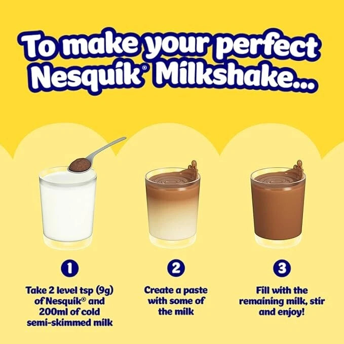Nestlé Nesquik chocolate milkshake powder 1kg mixing with milk preparation