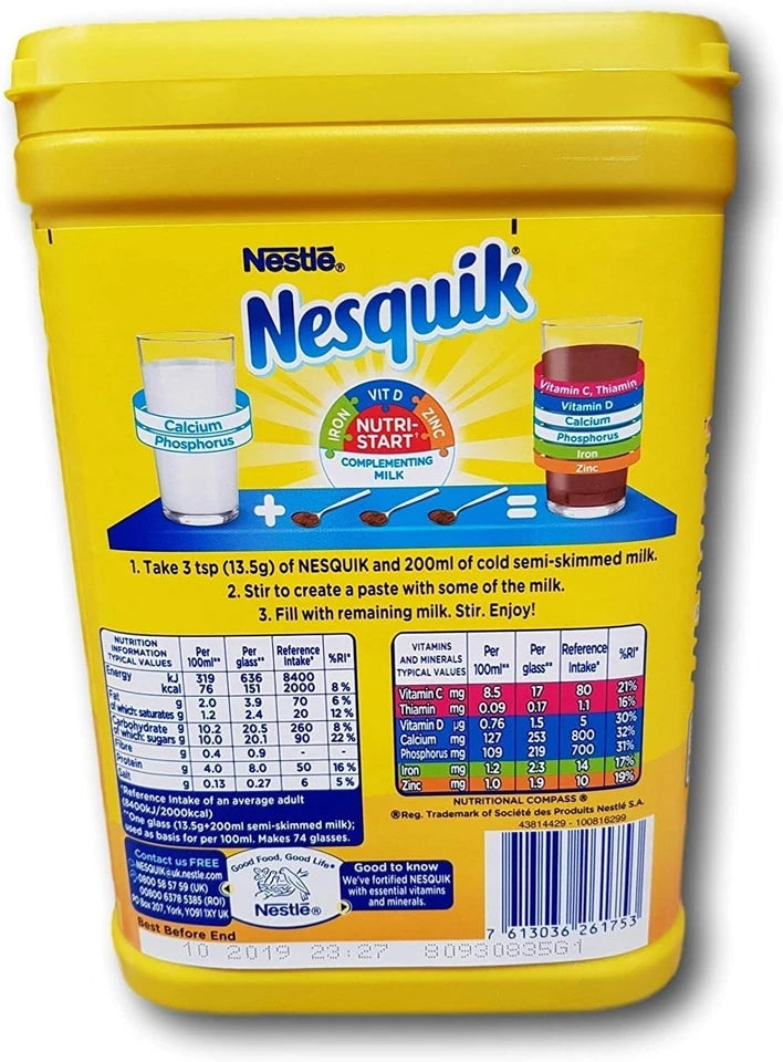 Nestlé Nesquik chocolate flavour milkshake powder 1kg packaging barcode