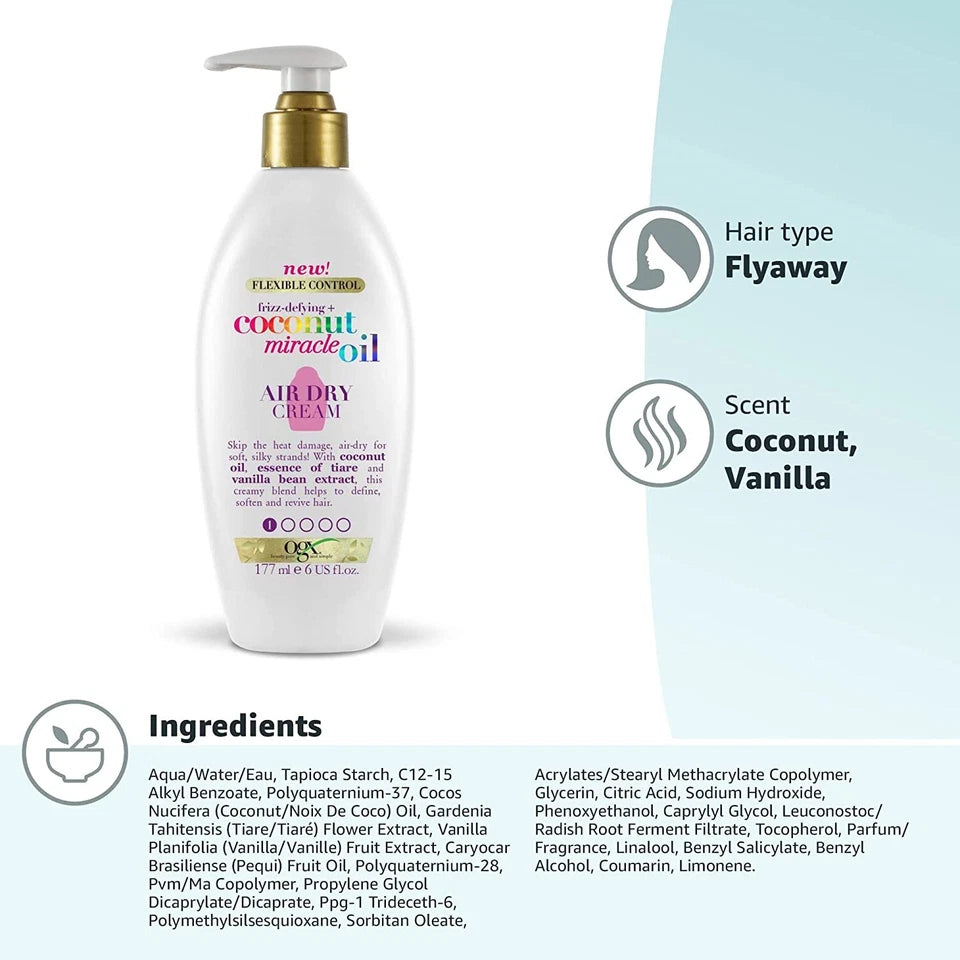 OGX Air Dry Cream bottle showing ingredients and directions.