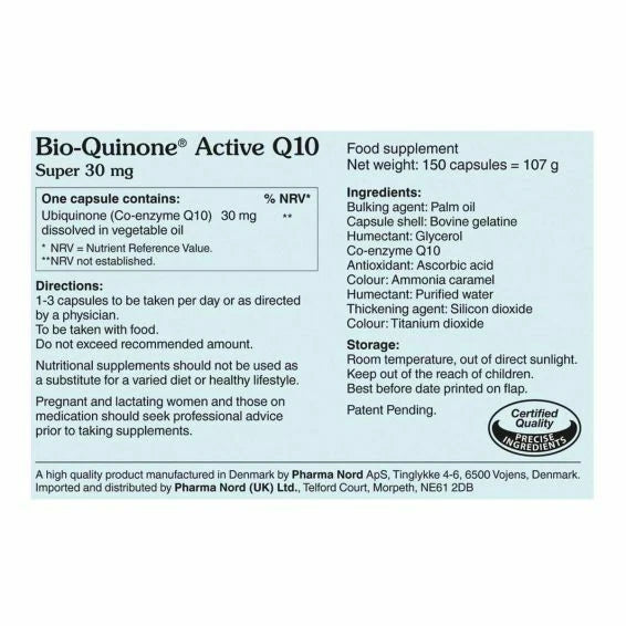 Pharma Nord Bio-Quinone Active Q10 Super 30mg, food supplement capsule box packaging, no flavour, 150 capsules, ingredients and nutritional information