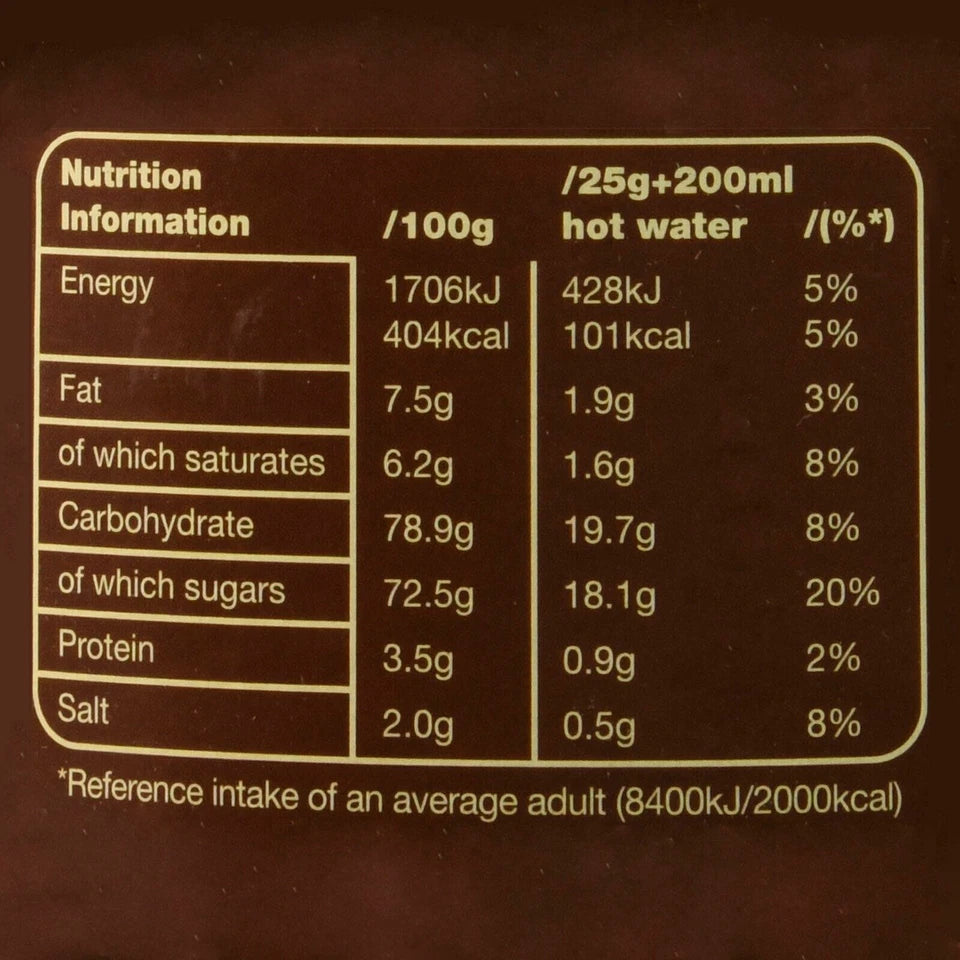 Galaxy instant hot chocolate drink powder nutrition information label 1kg tin