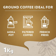 Lavazza Qualità Oro Ground Coffee, cardboard box packaging, floral and fruity aroma, 4 x 250g, preparation instructions