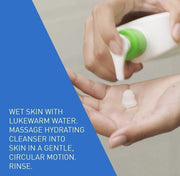 CeraVe Hydrating Cleanser usage instructions on face and body cleanser bottle 473ml