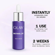 Olay Retinol24 Night Renewal Serum bottle, 40ml, on white background.