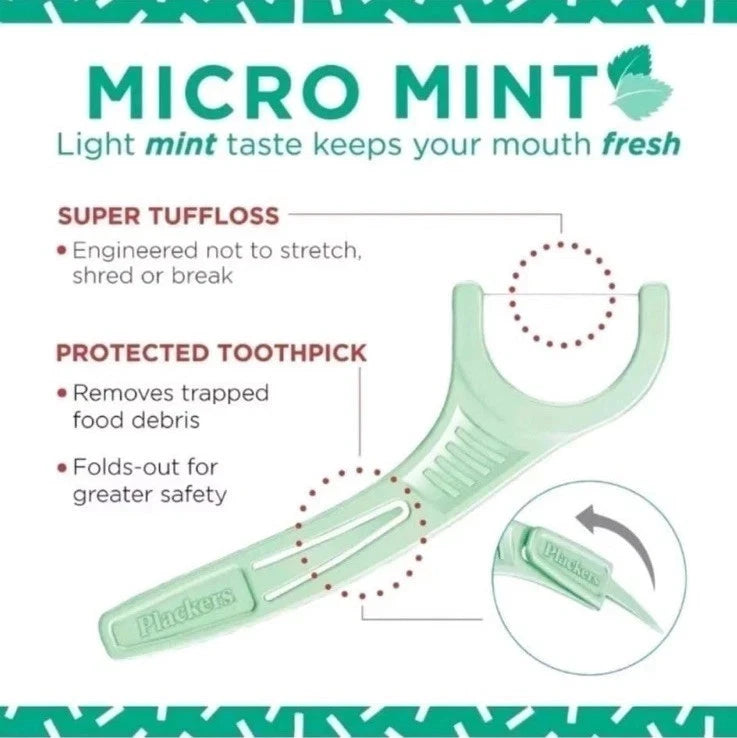 Plackers Micro Mint Dental Flossers, resealable bag packaging, Mint flavour, 150 flossers, product information