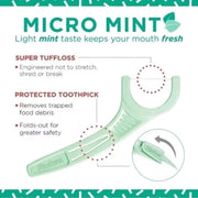 Plackers Micro Mint Dental Flossers, resealable bag packaging, Mint flavour, 150 flossers, product information