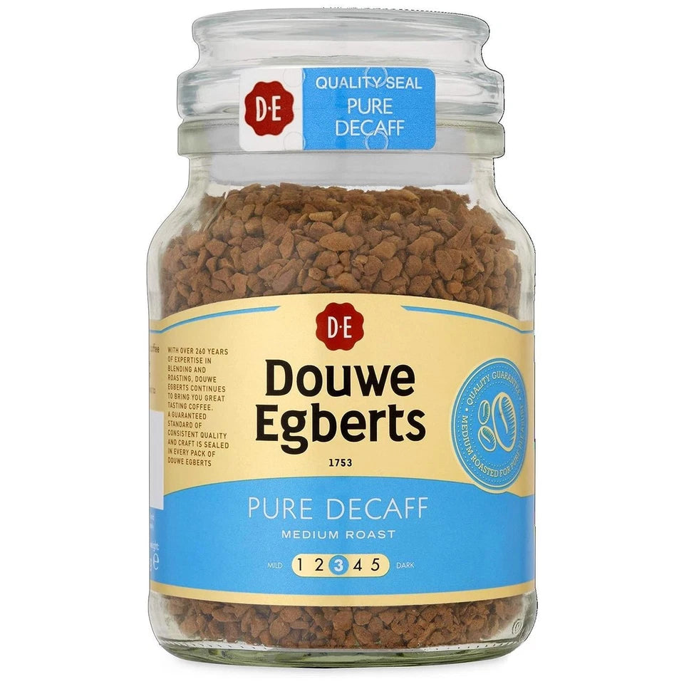 Douwe Egberts Pure Decaff instant coffee granules jar 400g packaging front