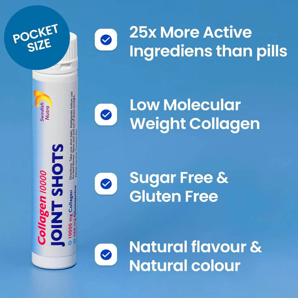 Supplement facts & ingredients image: Swedish Nutra collagen joint shots supplement facts ingredients 20 x 25ml
