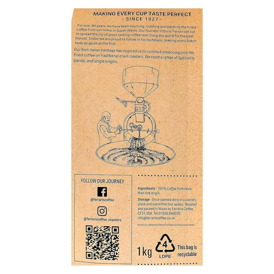 Ferrari's Coffee Roasters Siena coffee beans ingredients label 1kg bag