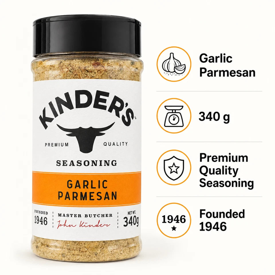 Kinder's Garlic Parmesan Seasoning ingredients label 340g bottle