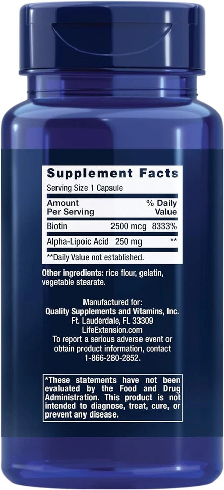Supplement facts for Life Extension Alpha-Lipoic Acid with Biotin showing 250mg/2500mcg dosage.