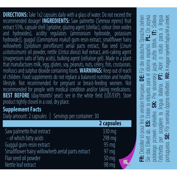 Supplement facts panel for Scitec Saw Palmetto Complex showing herbal blend and ingredients.