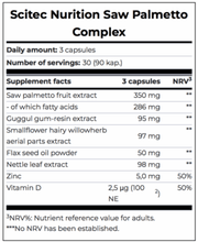 Supplement facts panel for Scitec Saw Palmetto Complex showing herbal blend and ingredients.