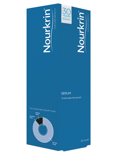 Nourkrin Scalp Care Serum box side view, 30ml, on white background.