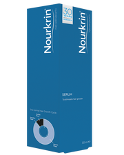 Nourkrin Scalp Care Serum box side view, 30ml, on white background.