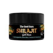 The Good Guru Shilajit Gold Resin with Herbal Blend in a 30g glass jar on a white background.