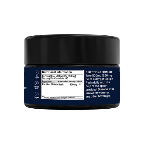 Label showing supplement facts for The Good Guru Shilajit Resin, 30g, on white background.