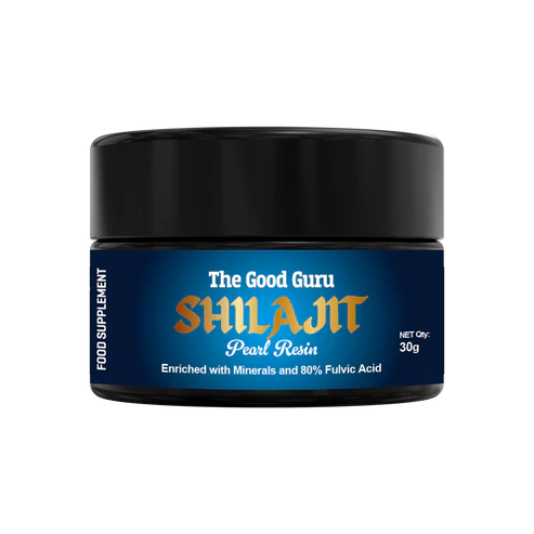 The Good Guru Purified Shilajit Resin in a 30g glass jar on a white background.