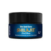The Good Guru Purified Shilajit Resin in a 30g glass jar on a white background.