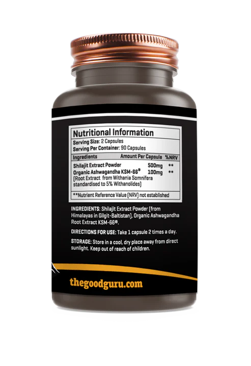 Supplement facts label for The Good Guru Shilajit and Ashwagandha capsules, showing ingredients, 90 count.